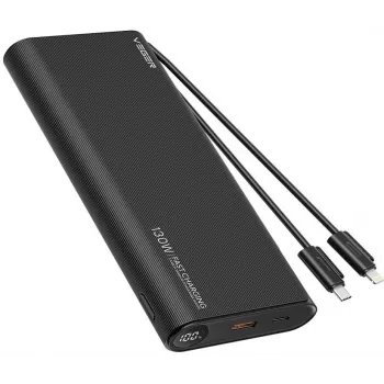 VEGER TCE130 130W PD Power Bank 25000mAh with Built-in USB-C & Lightning Cables, Black