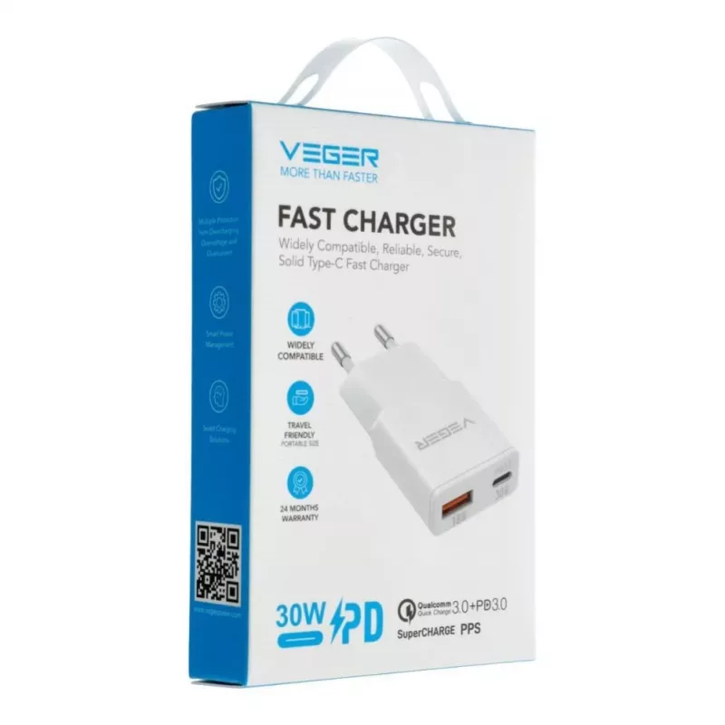 VEGER USB-A + USB-C QC PD 30W Wall Charger 30W1A1C White