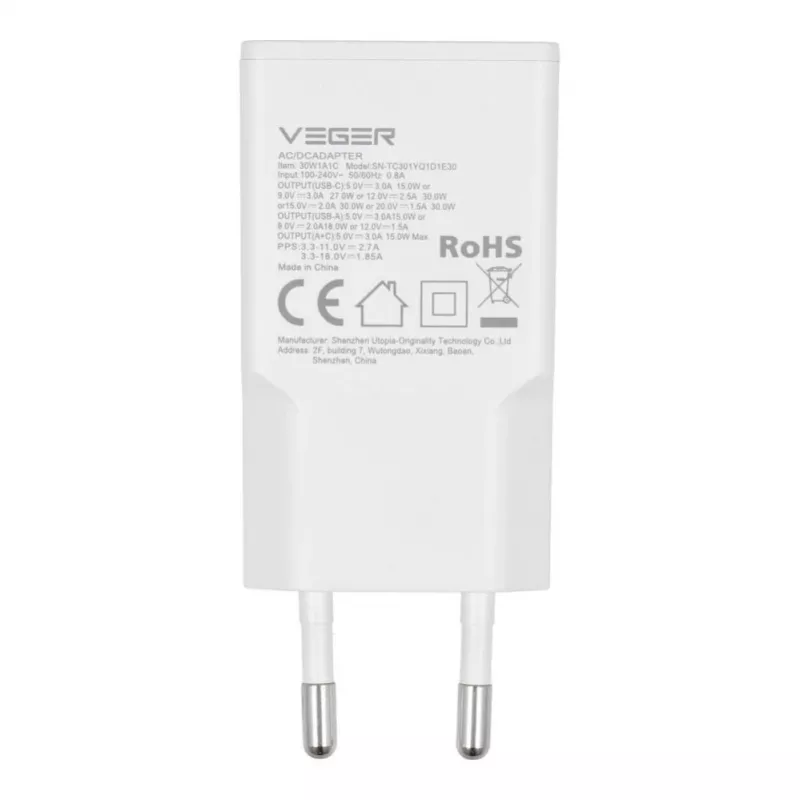 VEGER USB-A + USB-C QC PD 30W Wall Charger 30W1A1C White