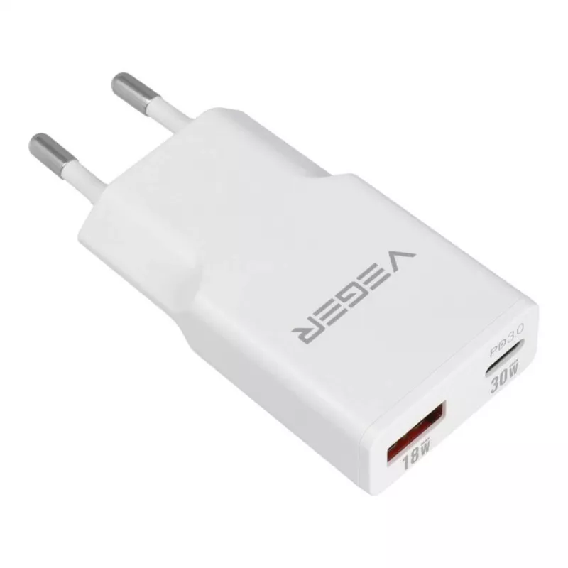 VEGER USB-A + USB-C QC PD 30W Wall Charger 30W1A1C White