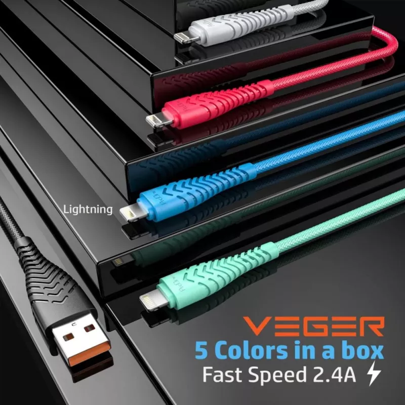 Veger V105 USB-A to Lightning Cable 1.2m Black 2.4A Charging & Sync