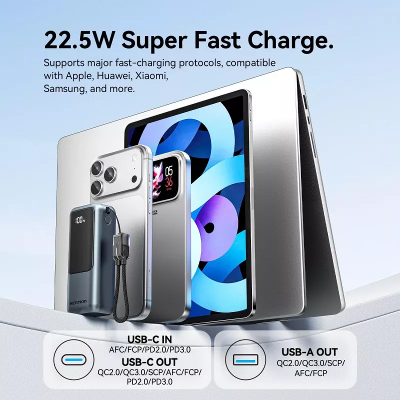 VENTION FKOH0 10000 mAh 22.5 W Wireless Power Bank with USB-C PD & QC - Black