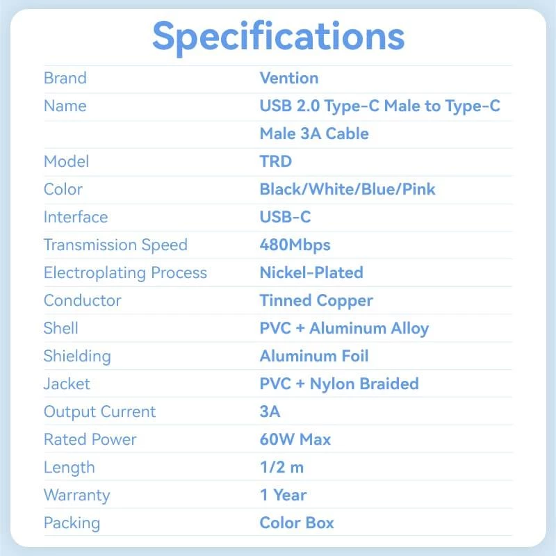 VENTION TRDBF USB-C to USB-C Cable 1m Black