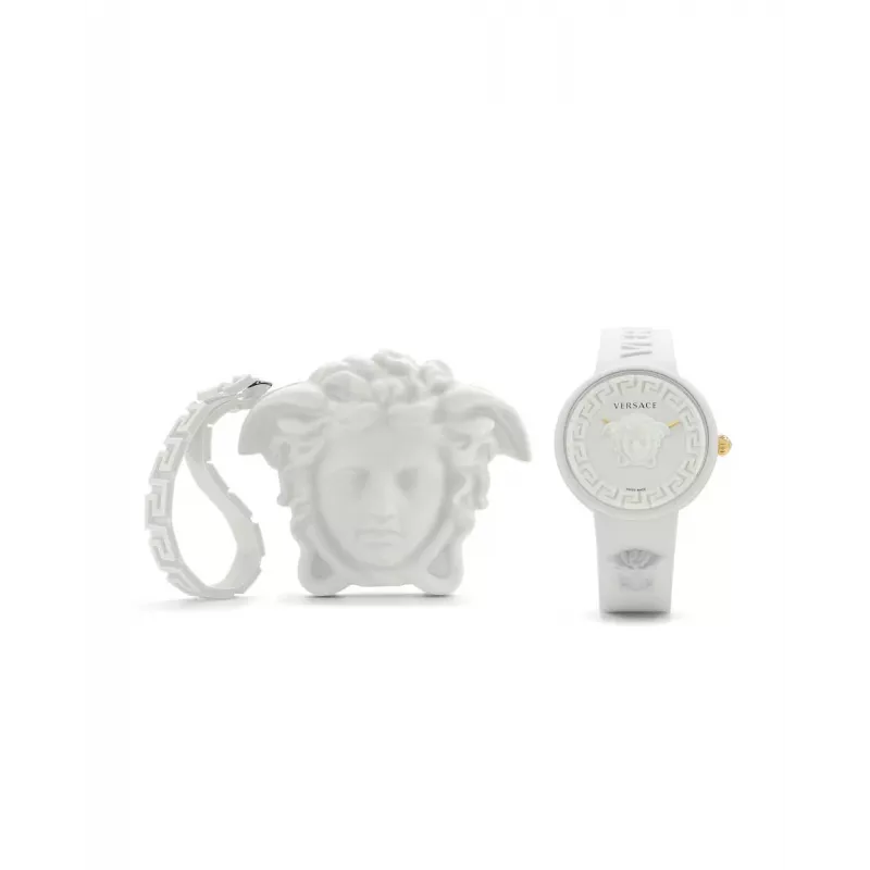 Versace Women's VE6G00123 Swiss Quartz 39mm Stainless Steel Watch with Black Leather Strap and Silver Dial