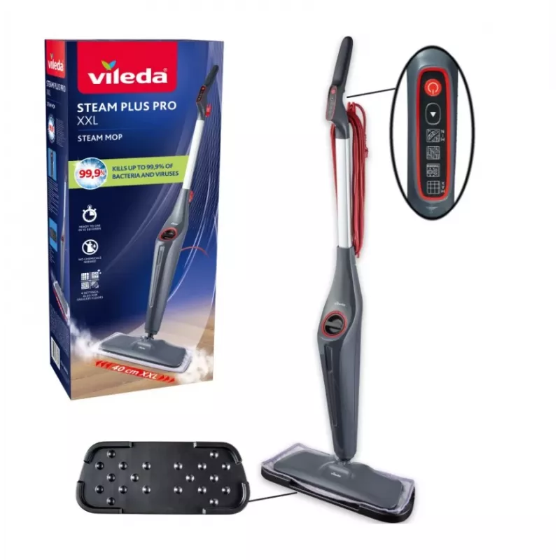 Vileda Steam Plus XXL Pro Steam Mop with 2 Extra Microfibre Pads