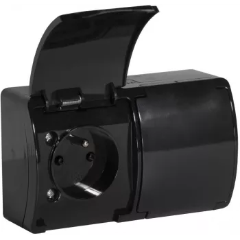 VIPLAST KOALA Double Surface-Mounted Socket Outlet with Earthing and Flap, Black, IP44, 16A, 230V, 2 Sockets