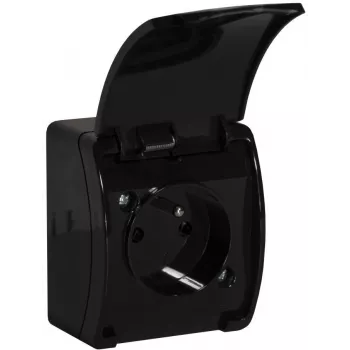 VIPLAST KOALA Surface-Mounted Single Socket Outlet with Earthing and Flap, Black, IP44, 16A, 250V, 2P+E