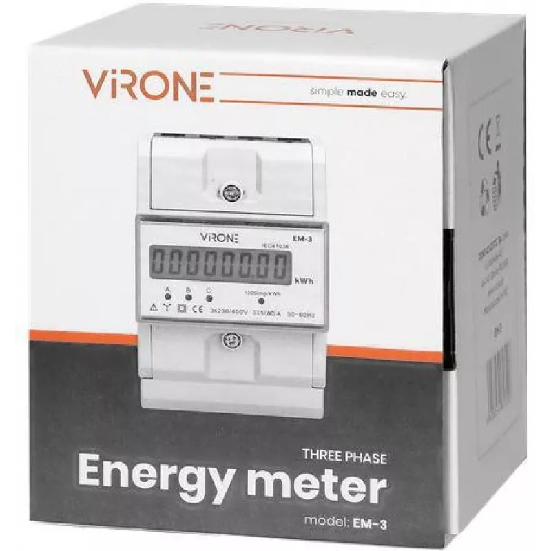 Virone EM-3 3-Phase Energy Meter, 80A, 3 Modules, DIN Rail TH-35mm