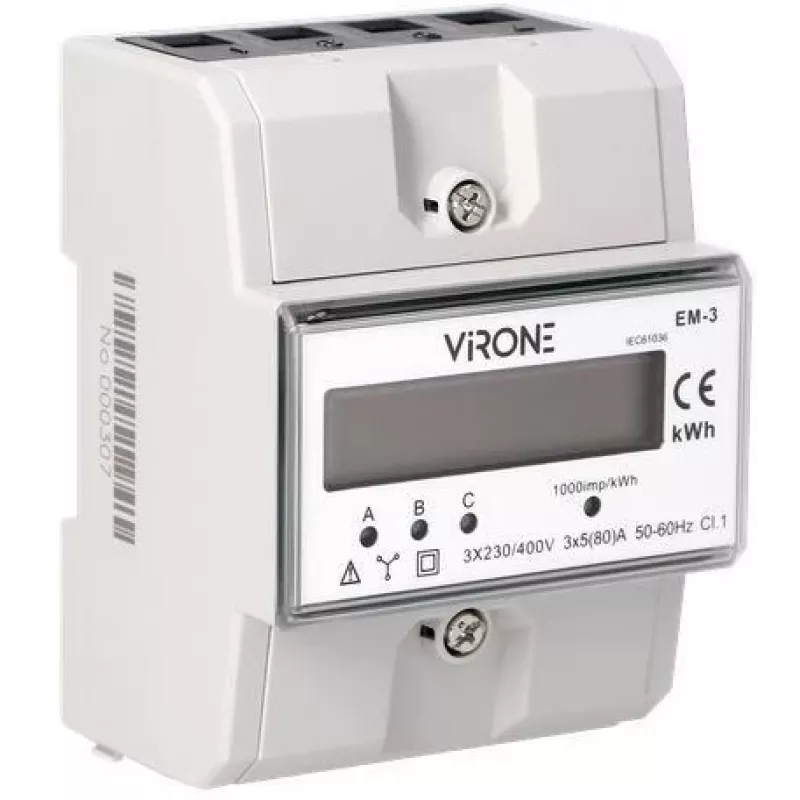 Virone EM-3 3-Phase Energy Meter, 80A, 3 Modules, DIN Rail TH-35mm