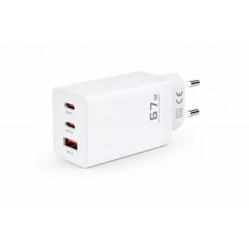 Voltage GaN 67W Wall Charger, 2x USB-C & 1x USB-A, PD 3.0, QC 3.0, PPS, EU Plug, White