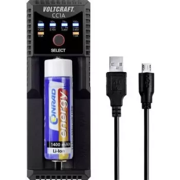 VOLTCRAFT CC1A Universal Round Cell Charger for NiMH, Li-Ion, LiFePO4, NiCd - 1 Slot, USB Powered, Supports AA, AAA, C, 10440, 14500, 16340