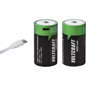VOLTCRAFT Mono (D) Li-Ion Rechargeable Battery 6000 mAh 1.5 V, 2-Pack with USB-C Charging (VC-17275580)