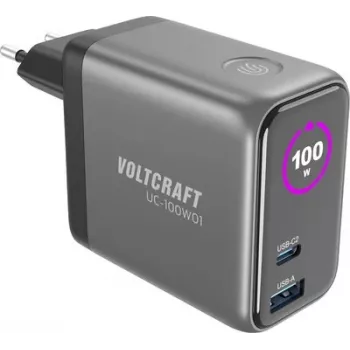 VOLTCRAFT UC-100W01 GaN USB Wall Charger 100W USB-C PD + USB-A Black VC-17776055