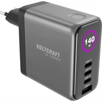 VOLTCRAFT UC-140W01 140W GaN USB-C PD Wall Charger with 3x USB-C and 1x USB-A, Black VC-17776050