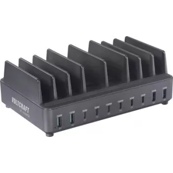 Voltcraft UC-240W01 240W 10-Port USB Charging Station with 6x USB-C PD and 4x USB-A QC, Black