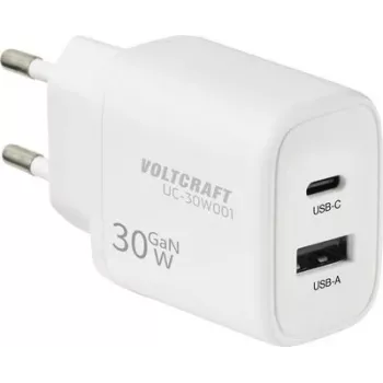 VOLTCRAFT UC-30W001 GaN USB Wall Charger 30W, 1x USB-C PD 3.0 + 1x USB-A Quick Charge, White VC-17942310