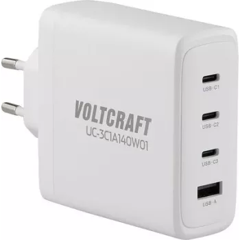 VOLTCRAFT UC-3C1A140W01 GaN USB Charger 140W PD 3.1, 3x USB-C, 1x USB-A, White