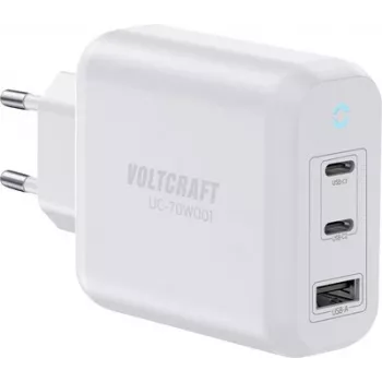 VOLTCRAFT UC-70W001 GaN USB Wall Charger 70W 2x USB-C PD 3.2 + 1x USB-A Fast Charge White VC-18791125