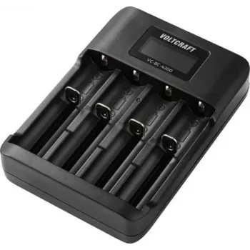 VOLTCRAFT VC-BC-4200 Universal Round Cell Charger for NiMH and Li-Ion Batteries, 4 Independent Slots, LCD Display, Supports AA, AAA, AAAA, 10440, 14500, 16340, 17500, 17670, 18350, 18490, 18650 VC-17665935