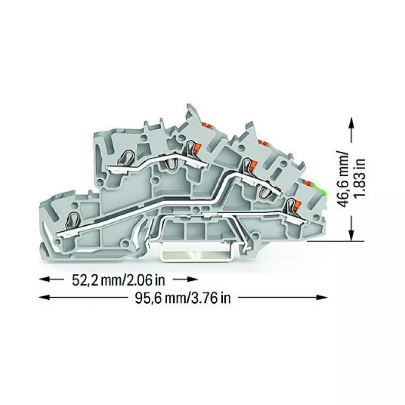 WAGO 2203-7545 3-Conductor Installation Terminal Block with Push-in CAGE CLAMP, L/L/PE, Grey/Green-Yellow