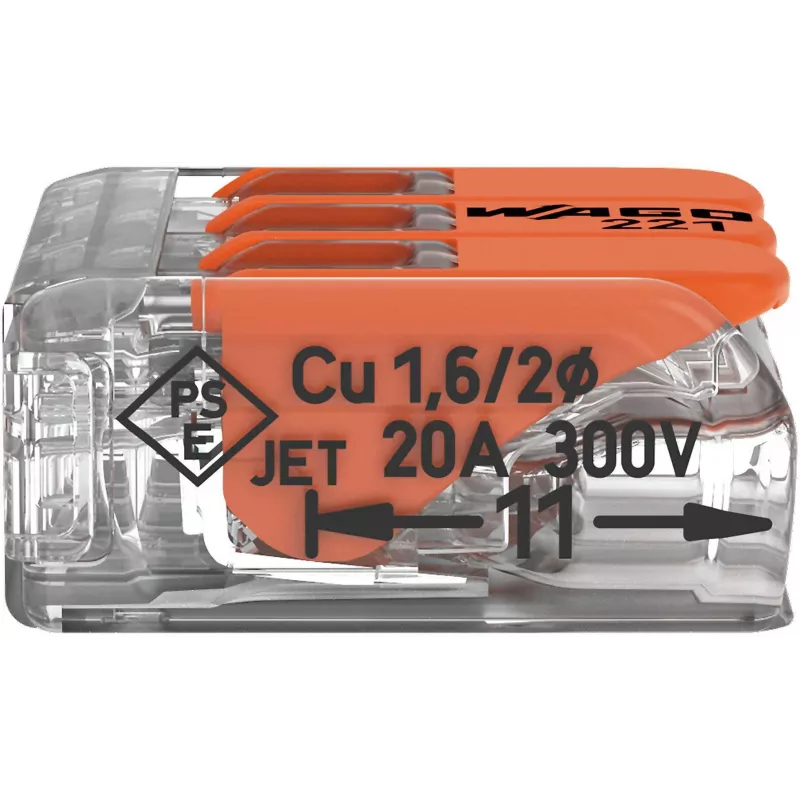 WAGO 221-413 COMPACT Splicing Connector, 3-Conductor, 0.2–4 mm², Transparent, 50-Pack