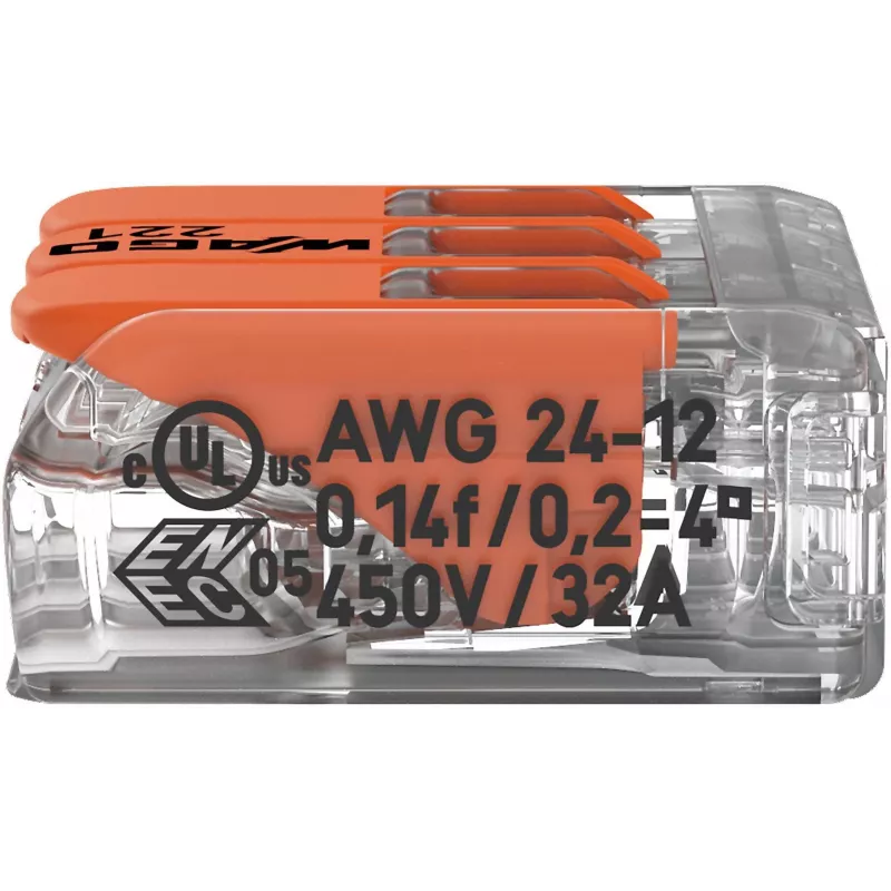 WAGO 221-413 COMPACT Splicing Connector, 3-Conductor, 0.2–4 mm², Transparent, 50-Pack