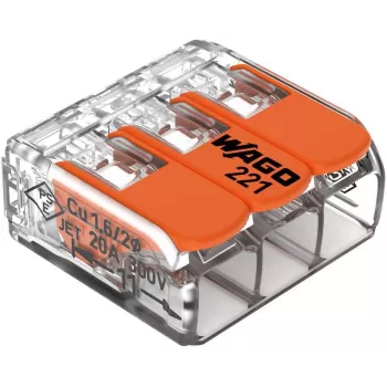 WAGO 221-413 COMPACT Splicing Connector, 3-Conductor, 0.2–4 mm², Transparent, 50-Pack