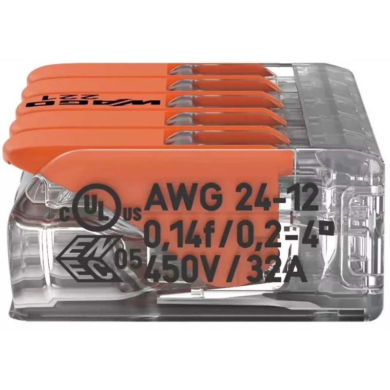 WAGO 221-415 COMPACT Splicing Connector for 5 Conductors, 0.2-4 mm², 25-Pack