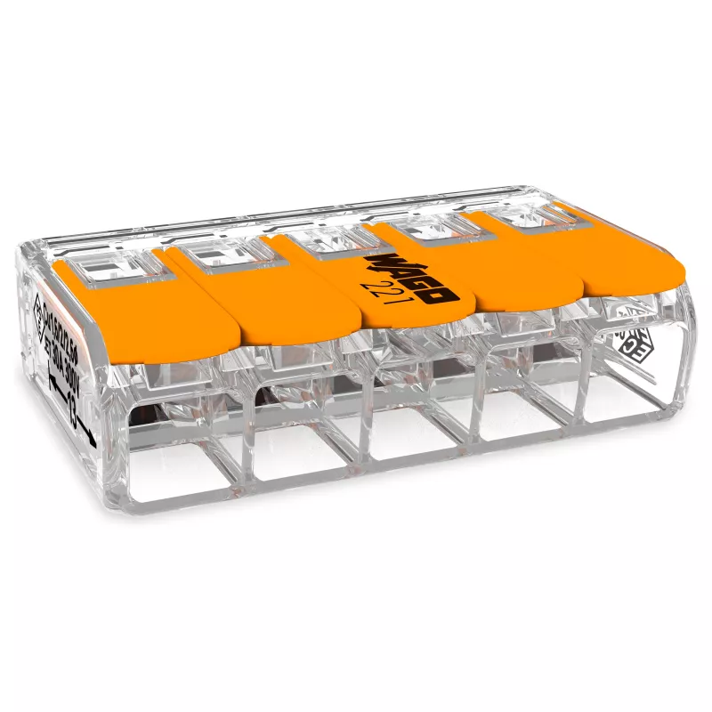 WAGO 221-615 5-Conductor Lever-Operated Compact Splicing Connector, 450 V, 32 A, Transparent/Orange
