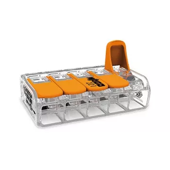 WAGO 221-615 5-Conductor Lever-Operated Compact Splicing Connector, 450 V, 32 A, Transparent/Orange