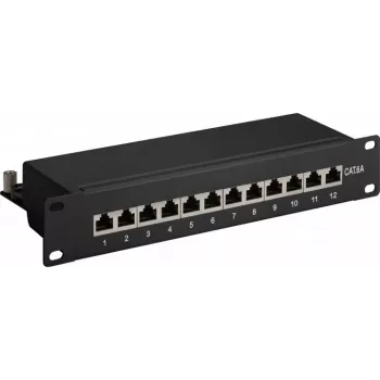 Wentronic Goobay 93796 Cat6a Shielded 12-Port Patch Panel, 1U 19 inch Rackmount, Black