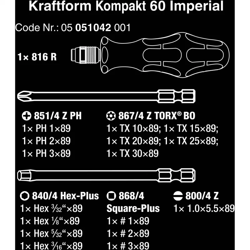 Wera 17-Piece Kraftform Kompakt 60 Bit Set, Slotted, Phillips, Pozidriv, TORX BO 05051042001