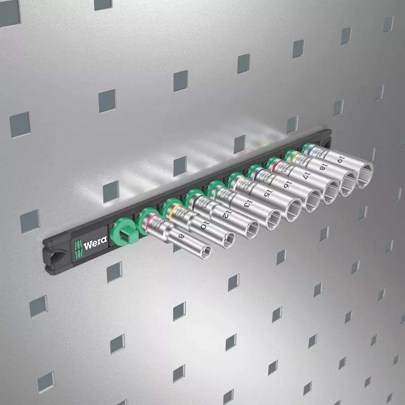 Wera 3/8 inch Drive Deep Socket Set on Magnetic Rail, 9-Piece, Metric, Black/Green