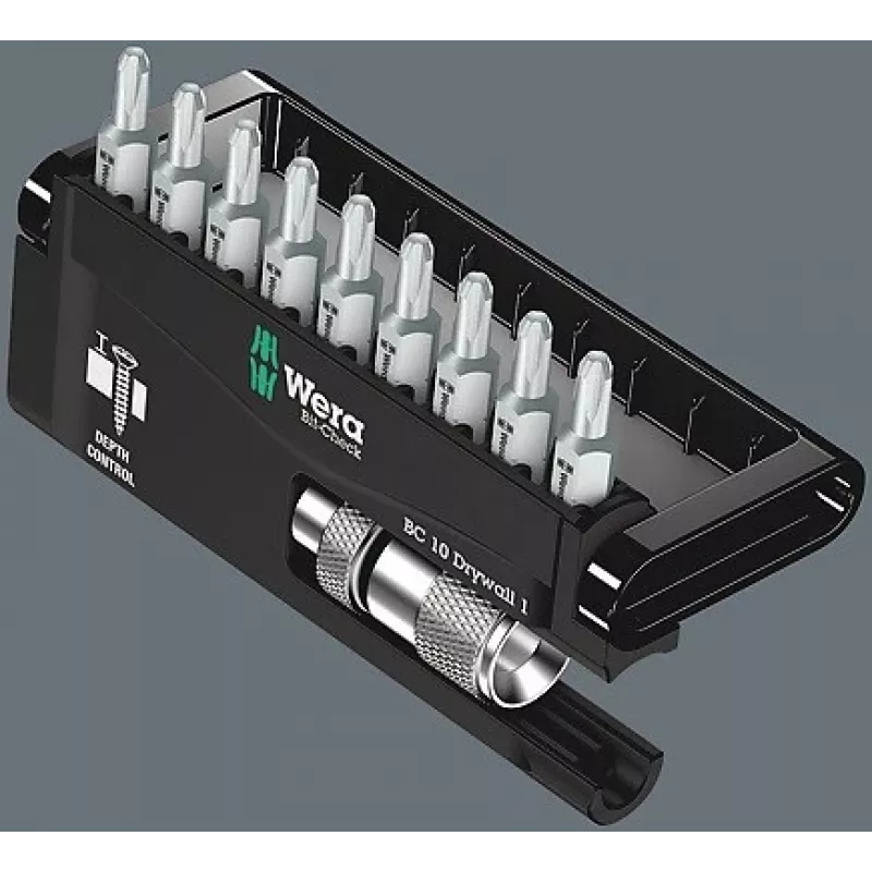 Wera Bit Set Bit-Check 10 Drywall 1, 10-Piece, Phillips PH 2, 25 mm, Rapidaptor Quick-Release Holder, Depth Stop, Torsion Bits