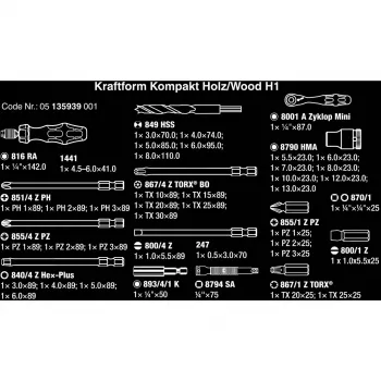 Wera Kraftform Kompakt H 1 Woodcraft Screwdriver Handle with 12 Mixed Bits - Hex, Phillips, Pozidriv, Torx
