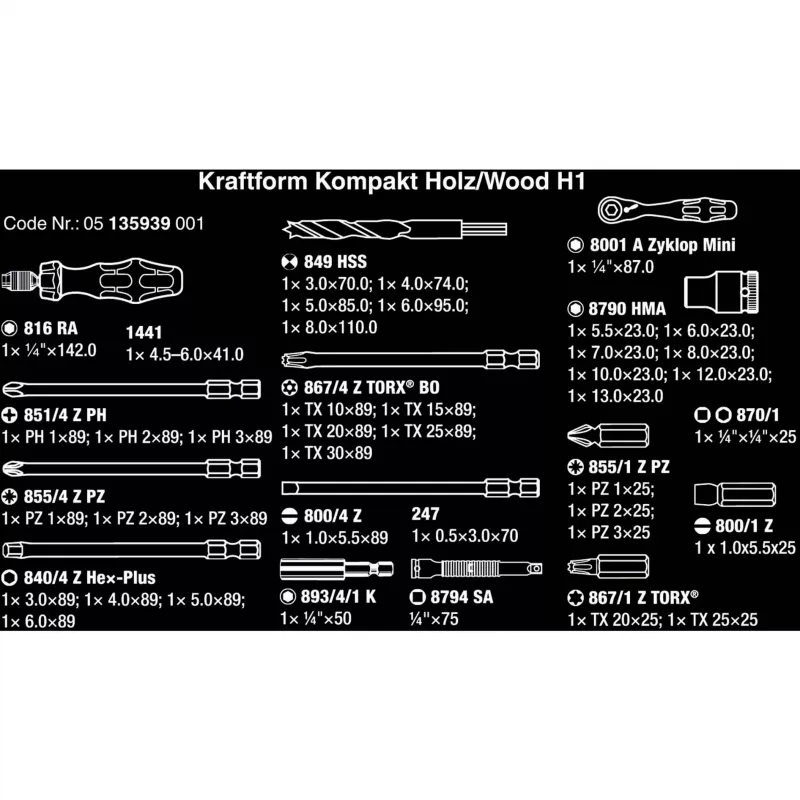 Wera Kraftform Kompakt H 1 Woodcraft Screwdriver Handle with 12 Mixed Bits - Hex, Phillips, Pozidriv, Torx