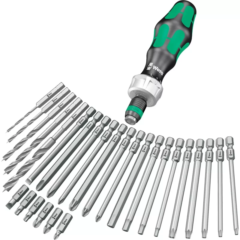 Wera Kraftform Kompakt H 1 Woodcraft Screwdriver Handle with 12 Mixed Bits - Hex, Phillips, Pozidriv, Torx