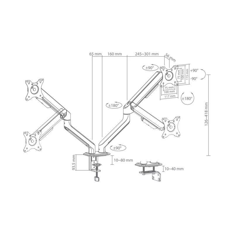 White Shark AKHENATEN-II GMS-3212 Dual Monitor Mount – Gas Spring, Desk Clamp/Grommet, 17-32 inch, 9kg per arm, Black