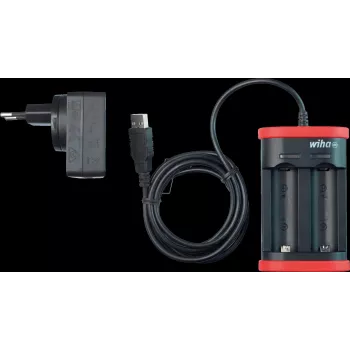 WIHA 41915 USB Charger for Li-Ion Batteries, 2-Slot, 5V DC Input, 3.6V DC Output, 1A per Slot, LED Indicator, Black/Red