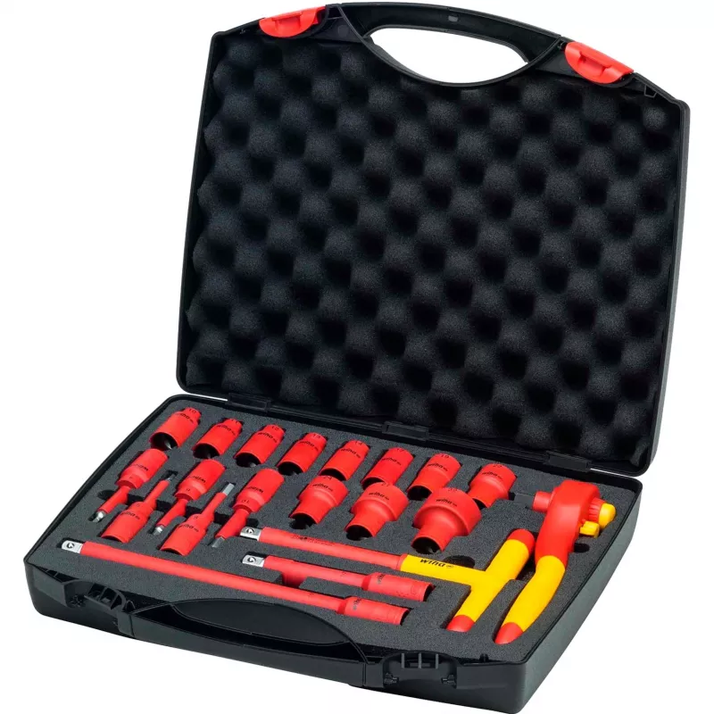Wiha 43024 Insulated Ratchet and Socket Set, 1/2 inch Drive, 21-Piece, VDE Certified, Red/Yellow
