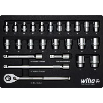 Wiha 44740 1/2 inch Socket Set 39-Piece with Fine-Tooth Ratchet, Hex & TORX E-Profile, Chrome-Vanadium, 10-32mm / E10-E24, DIN 3120