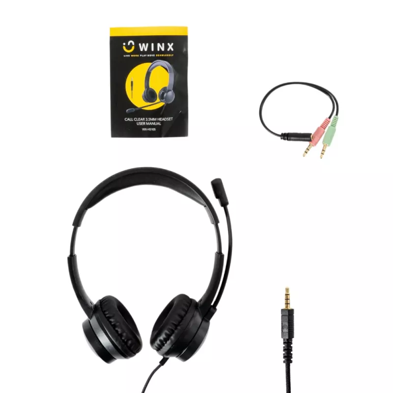 WINX CALL Clear 3.5mm Headset Wired On-Ear with Noise-Cancelling Mic, Volume Control, Leatherette Cushions - Black