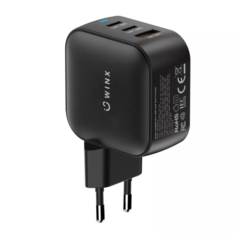 WINX POWER Max 65W GaN Wall Charger - 2x USB-C PD, 1x USB-A QC, Black