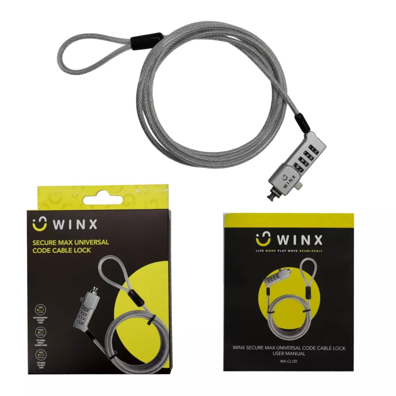 WINX Secure Max Universal Code Cable Lock - 4-Digit Resettable Combination, Braided Steel, 1.8m, Black/Silver