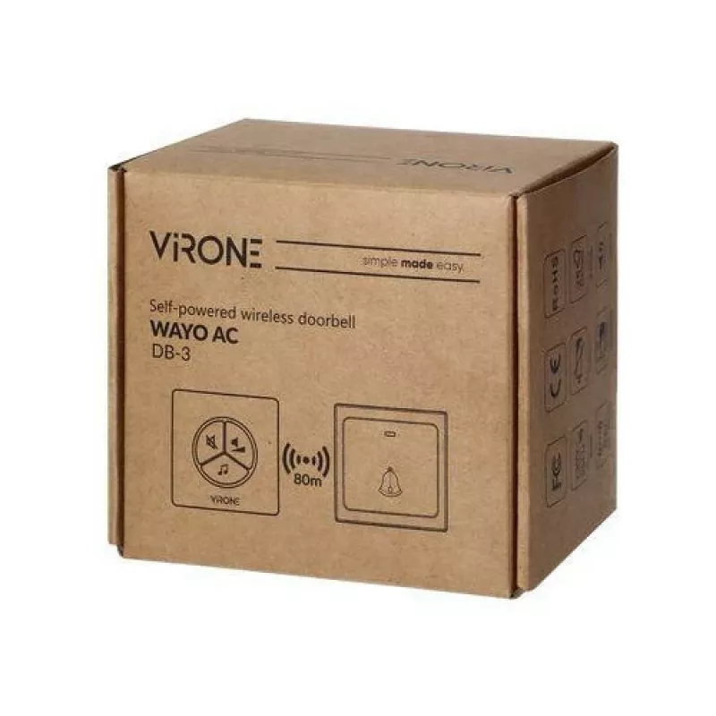 Wireless Doorbell VIRONE DB-3 Battery-Free Button, Learning System, 80m