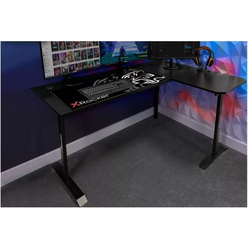 X Rocker 2022068 L-Shaped Corner Gaming Desk with RGB LED Lighting, Carbon Fibre Effect, Black