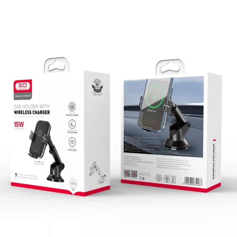 XO Car Holder WX027 with Wireless Inductive Charger Black 15W with Suction Cup