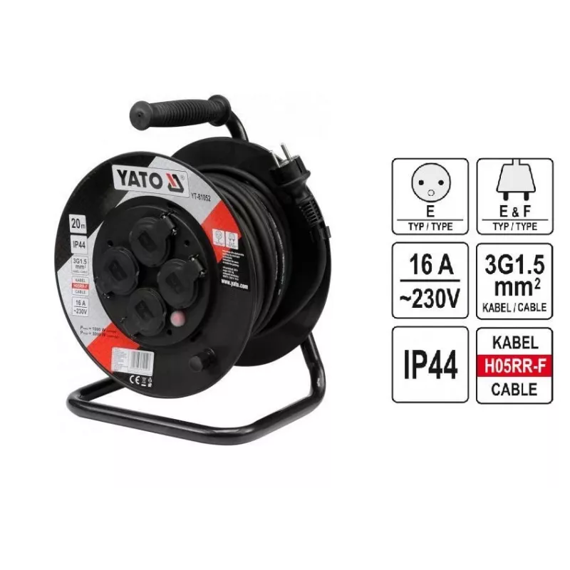 Yato YT-81052 Cord Reel 4 AC Outlet(s) 20 m