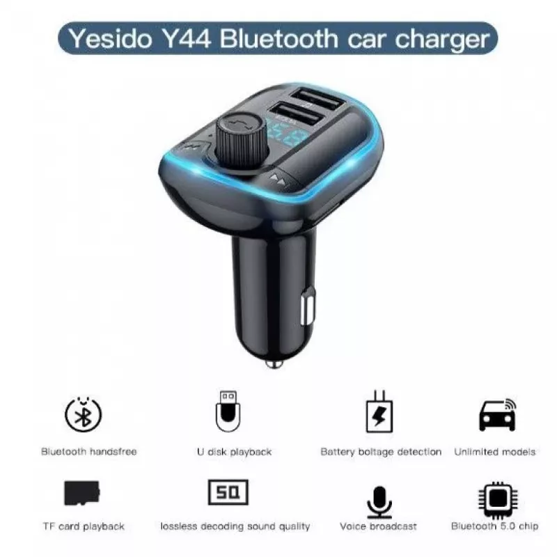 YESIDO Y44 MP3 Player Bluetooth Car Charger with QC3.0, LED Display, Hands-Free Calling, Black