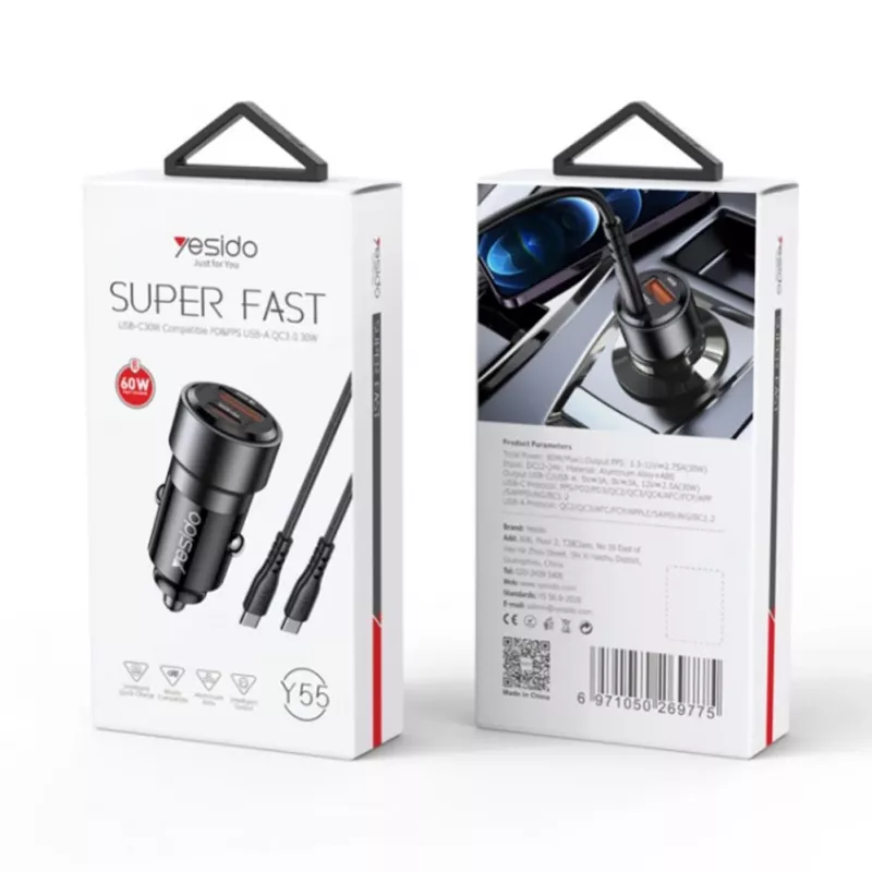 YESIDO Y55 60W Fast Charging Car Charger with USB-C to USB-C Cable, Black